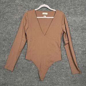 Babaton Womens Size Large Contour V Neck Long Sleeves Bodysuit Brown Nylon Blend